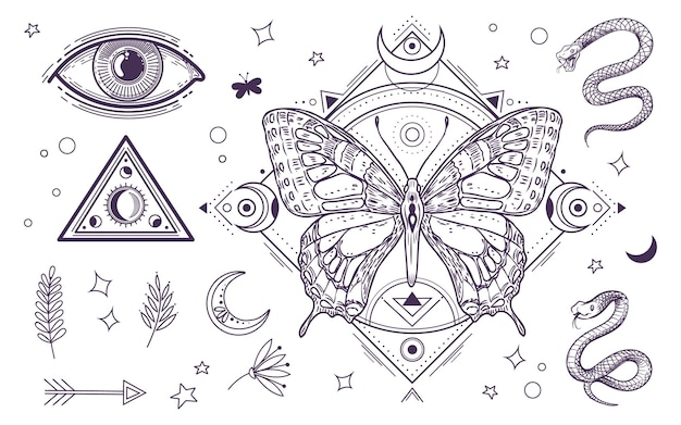 Mistyczne Magiczne Elementy Tatuż Graficzny Wzór Magiczne Oko I Trójkąt Węże I Księżyc Linia Wektor Boho Styl Kolekcja Magicznego Tatuażu Ilustracja Graficzna