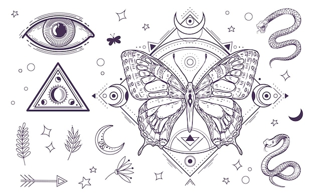 Mistyczne magiczne elementy Tatuż graficzny wzór magiczne oko i trójkąt węże i księżyc Linia wektor boho styl kolekcja magicznego tatuażu ilustracja graficzna