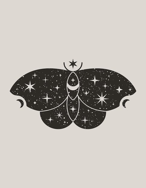 Mistyczny Czarny Motyl W Modnym Stylu Boho. Vector Magic Moth Silhouette Z Gwiazdami I Księżycem Do Drukowania Na ścianie, Koszulce, Tatuażu, Postach W Mediach Społecznościowych I Historiach