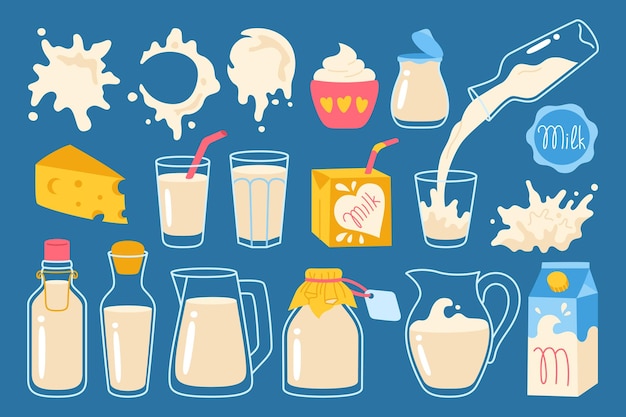 Plik wektorowy mleko krople jedzenie kreskówka zestaw gospodarstwo spożywcze ser jogurt szklany dzbanek butelka opakowanie kartonowe