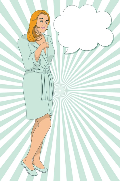 Plik wektorowy młoda blondynka w szlafroku z ilustracji wektorowych vintage bańka mowy