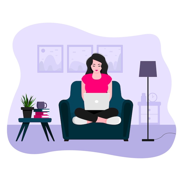 Młoda dziewczyna siedzi w domu na fotelu, pracuje przy laptopie. Koncepcja freelancera. ilustracja wektorowa