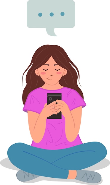 Młoda Dziewczyna Używająca Telefonu Komórkowego Siedzi Ze Skrzyżowanymi Nogami Na Ilustracji Wektorowej