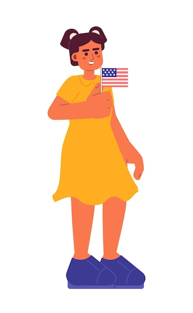 Plik wektorowy młoda hiszpańska dziewczyna trzymająca amerykańską flagę półpłaską kolorową postać wektorową patriotic 4th of july kid editable full body person on white proste ilustracje kreskówek dla projektowania graficznego stron internetowych