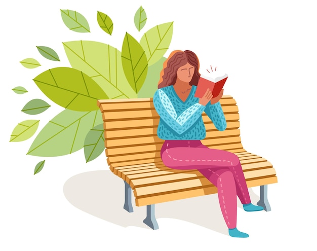 Młoda kobieta czyta książkę wektorowy modny płaska ilustracja odizolowany na białym wiedzy uczenia się edukacji samoedukacji literatury fikcji