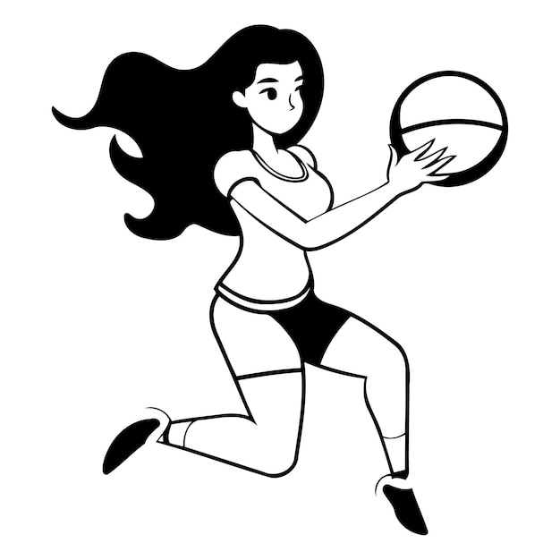 Młoda Kobieta Grająca W Koszykówkę Koncepcja Zdrowego Stylu życia Ilustracja Wektorowa W Stylu Kreskówki