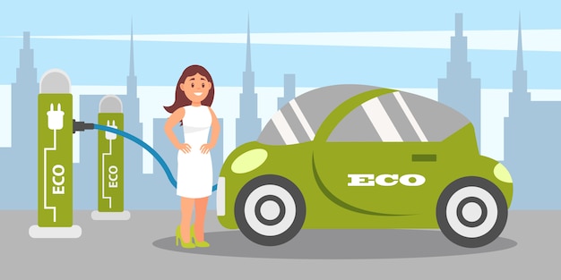 Młoda Kobieta ładuje Samochód Elektryczny Na Stacji ładującej, Ekologiczny Alternatywny Pojazd Transportowy Ilustracja W