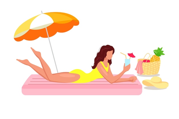 Plik wektorowy młoda kobieta leży na dmuchanym materacu i pije lemoniadę pod letnim parasolem obok torby