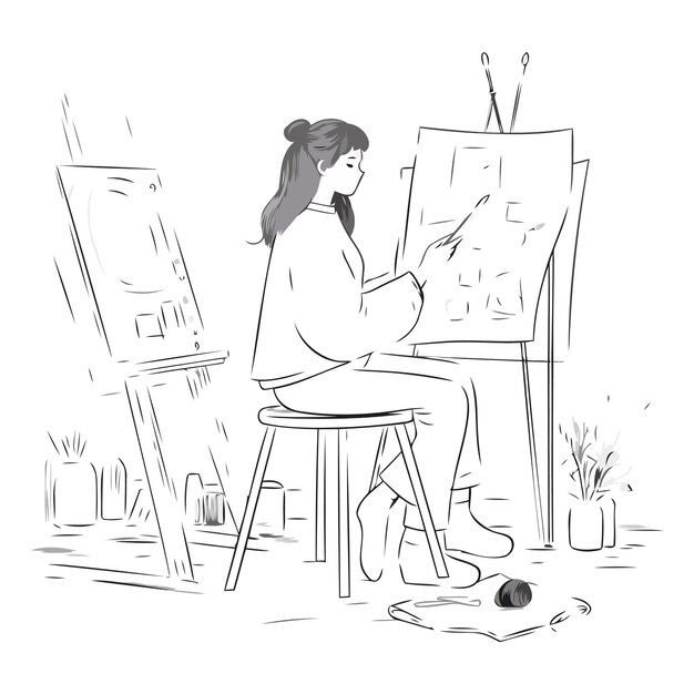 Plik wektorowy młoda kobieta malująca obraz na sztalupie ręcznie narysowana ilustracja wektorowa