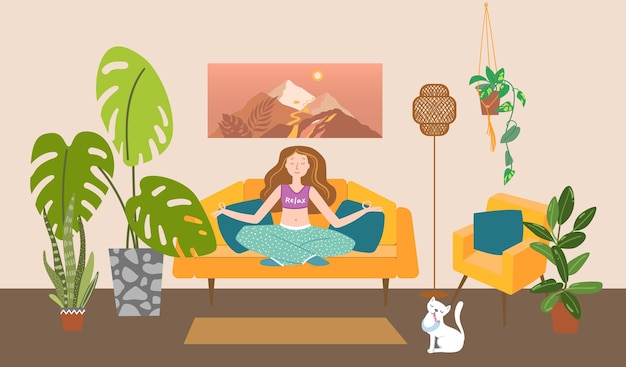 Plik wektorowy młoda kobieta medytuje siedząc na kanapie ilustracja wektorowa wnętrza przytulny ładny pokój