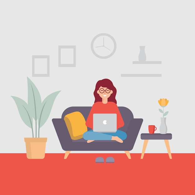 Młoda kobieta pracuje na laptopie, praca od domowej ilustraci