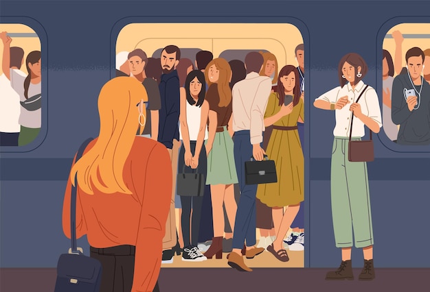Młoda kobieta próbuje wejść do wagonu metra pełnego ludzi. Przepełnione metro lub metro. Problem przeludnienia miast i komunikacji miejskiej. Ilustracja wektorowa kolorowy płaski kreskówka.