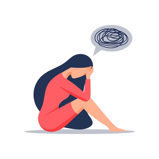 Plik wektorowy młoda kobieta przygnębiona siedzi i trzyma głowę. smutna samotna kobieta w depresji. pojęcie stresu i emocji. ilustracja wektorowa w stylu płaski.
