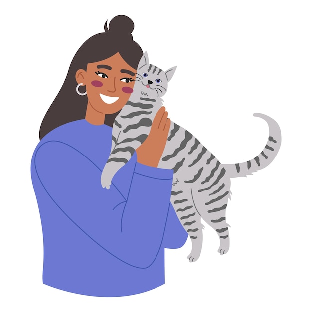 Plik wektorowy młoda kobieta przytula kota. uśmiechnięta kobieta kocha swojego zwierzaka.