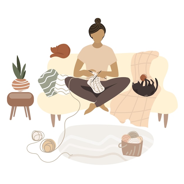 Plik wektorowy młoda kobieta robi na drutach siedząc w domu na kanapie w przytulnym wnętrzu, wygodnym otoczeniu vector