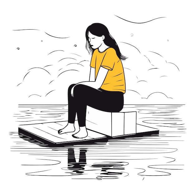 Plik wektorowy młoda kobieta siedząca na łodzi na rzece