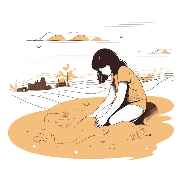 Plik wektorowy młoda kobieta siedząca na piasku na polu