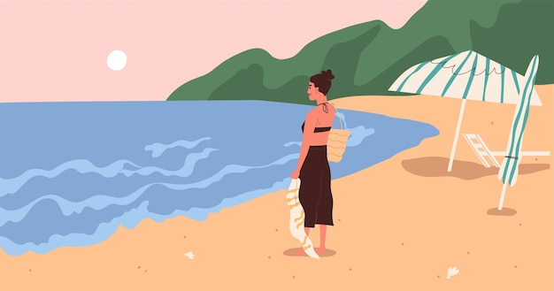 Plik wektorowy młoda kobieta stojąc na plaży i ciesząc się widokiem na morze i zachód słońca latem na morzu. szczęśliwy kobiecy charakter patrząc na ocean wieczorem. turysta samotnie spacerujący nad morzem. ilustracja kolorowy płaski wektor.
