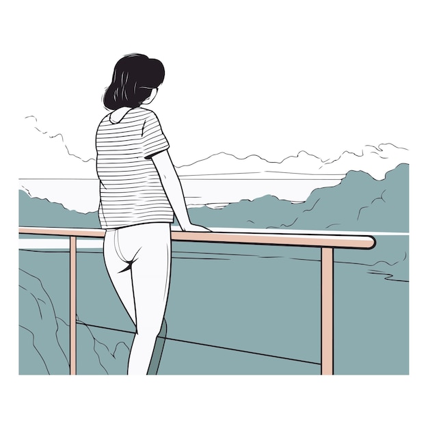 Plik wektorowy młoda kobieta stojąca na balkonie i patrząca na morze