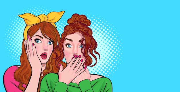 Młoda kobieta szepcząc plotki lub sekret do swojego przyjaciela w stylu komiksów pop-art