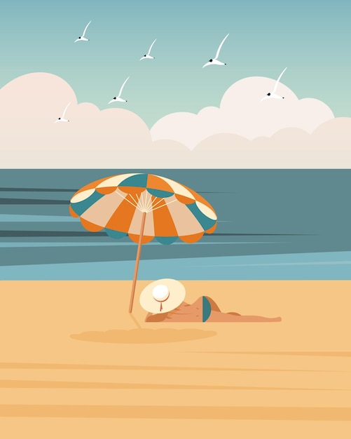 Młoda Kobieta W Bikini Pod Parasolem Na Plaży Letnia Ilustracja Wektorowa