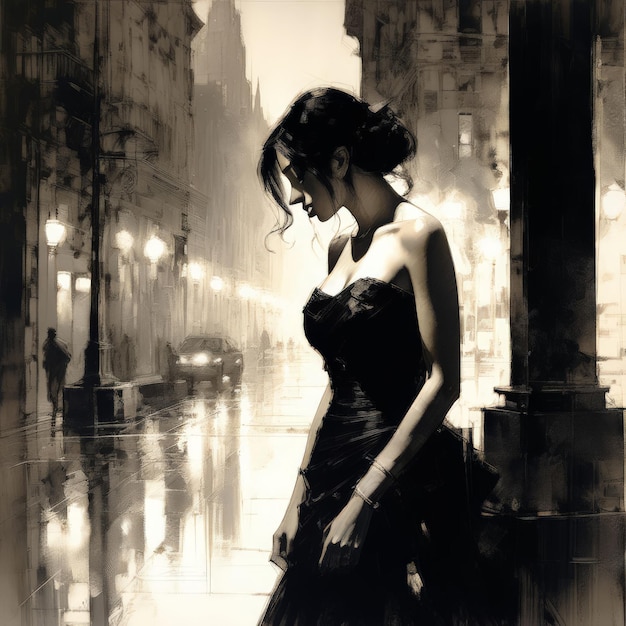 Plik wektorowy młoda kobieta w czarnej sukience z szczotką na tle miasta młoda kobieta na czarnym dr