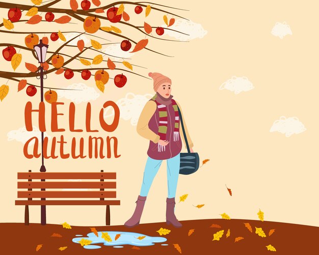 Plik wektorowy młoda kobieta w jesiennym mieście parku, modne ubrania moda uliczna znosić kobietę, jesienny nastrój. napis hello autumn