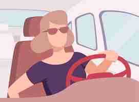 Plik wektorowy młoda kobieta w okularach przeciwsłonecznych prowadząca samochód widok z wnętrza kobieta kierowca trzymająca ręce na kierownicy ilustracja wektorowa