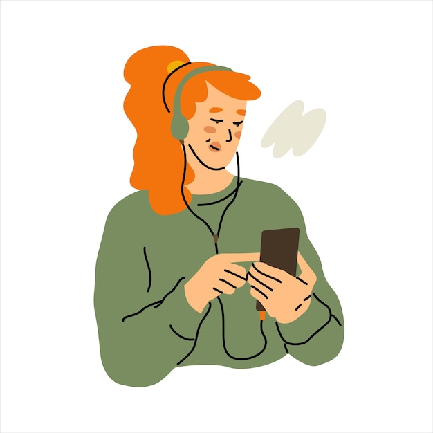 Młoda kobieta w słuchawkach słucha muzyki i tańczy Dobry nastrój i szczęście Słuchanie podcastów audio Ilustracja wektorowa izolowana na przezroczystym tle
