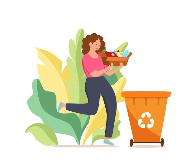 Młoda Kobieta Wyrzuca Plastikowe śmieci Do Pojemników Ilustracji Wektorowych Waste Managementme