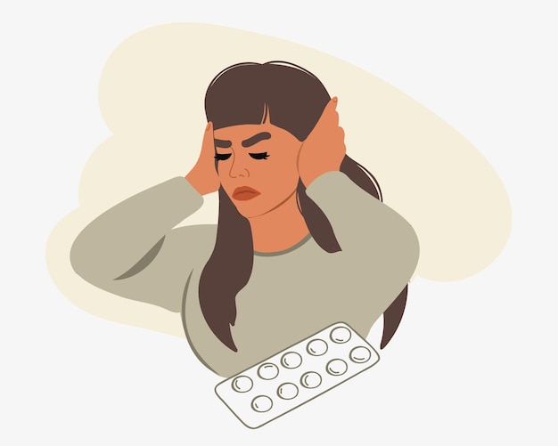 Plik wektorowy młoda kobieta z bólem głowy i ucha. trzyma ręce na głowie, zakrywa uszy. w pobliżu tabletów