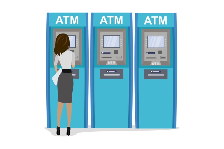 Wektor młoda kobieta z kreskówki używa automatycznego bankomatu do wypłacania pieniędzy ze swojego konta. bankowe bankomaty izolowane na białym tle. ilustracja wektora płaskiego
