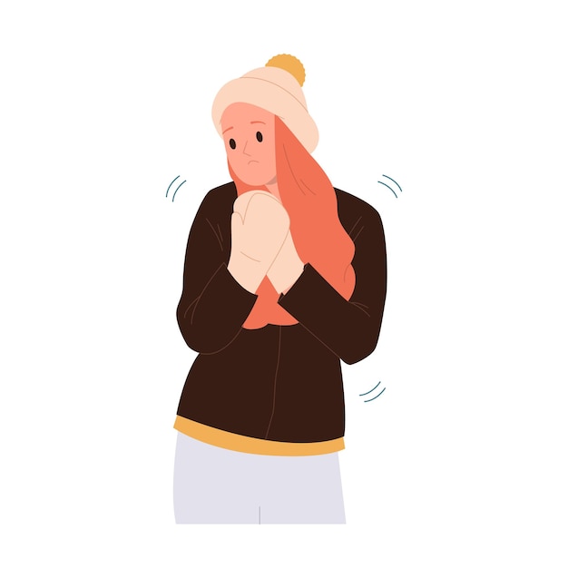 Plik wektorowy młoda kobieta z mrozem, nosząca ciepły, dziany kapelusz i rękawiczki, drżąca, cierpiąca na zimno.