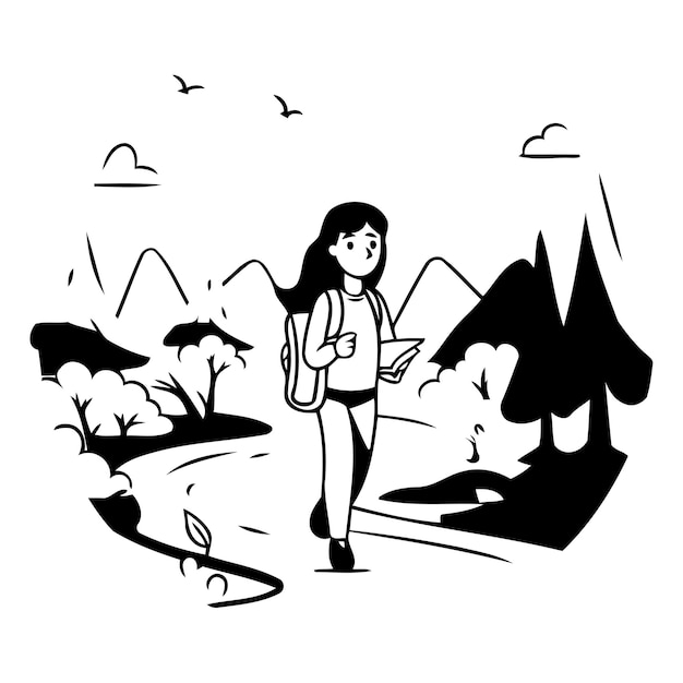 Plik wektorowy młoda kobieta z plecakiem idąca po parku ilustracja wektorowa