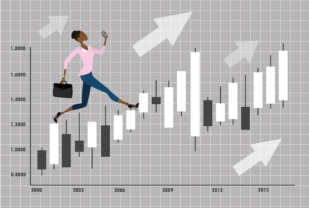 Plik wektorowy młoda, ładna afroamerykańska bizneswoman lub pracownik biurowy biega na wykresie ze świecznikami