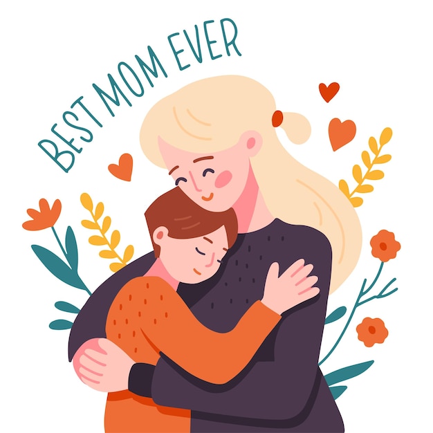 Młoda Matka Przytula Swojego Chłopca Na Kwiatowym Tle Najlepsza Mama Kiedykolwiek Napis Cytat Szczęśliwego Dnia Matki