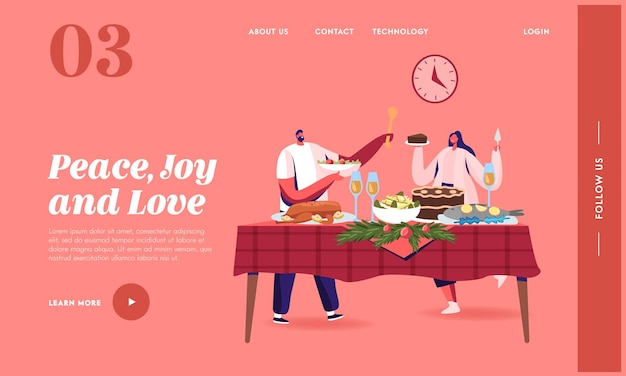 Młoda Para Christmas Dinner Landing Page Szablon. Wesołe Postacie świętujące Boże Narodzenie Przy Stole Z Tradycyjnymi Posiłkami Z Indyka I Ozdobionymi Gałęziami Jodły. Ilustracja Wektorowa Kreskówka Ludzie