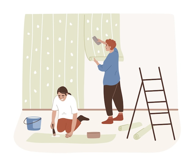 Plik wektorowy młoda para remontuje mieszkanie rodzina naprawia pokój wisząca tapeta