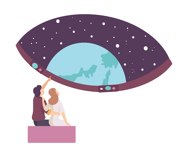 Plik wektorowy młoda para siedząca w planetarium i obserwująca gwiazdy na ilustracji wektorowej