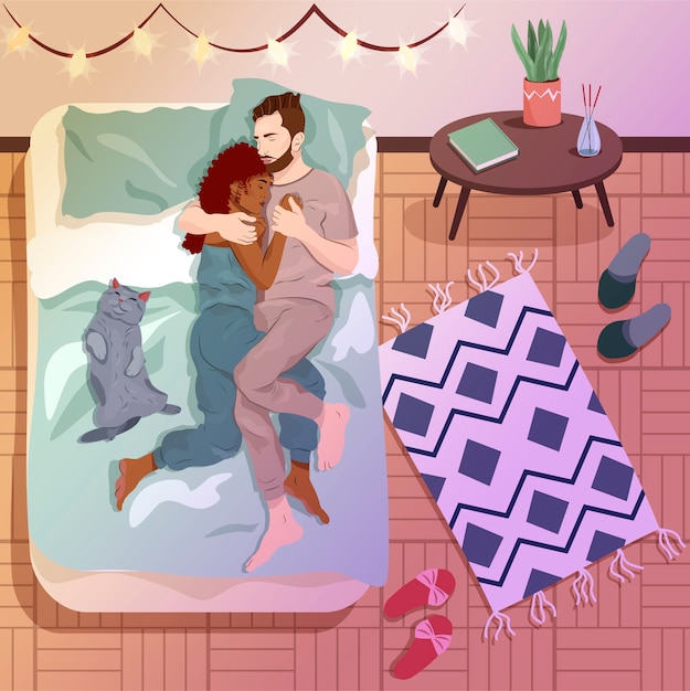 Plik wektorowy młoda para śpi w swoim przytulnym mieszkaniu z kotem. koncepcja silnej troski i przywiązania.