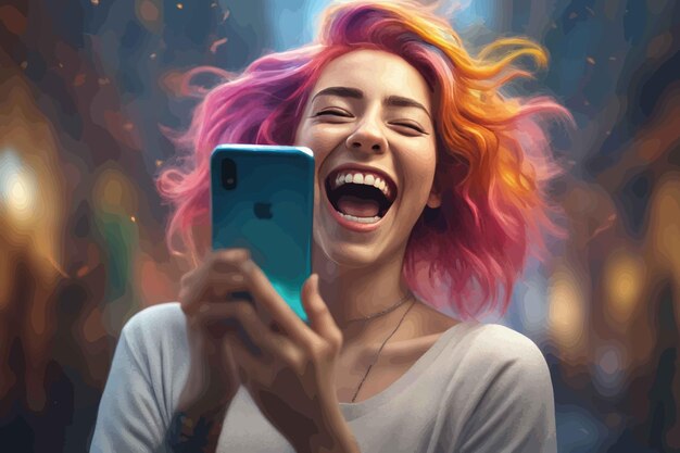 Plik wektorowy młoda piękna kobieta z radosnym wyrazem twarzy trzymająca smartfon i uśmiechniętamłoda piękna wo