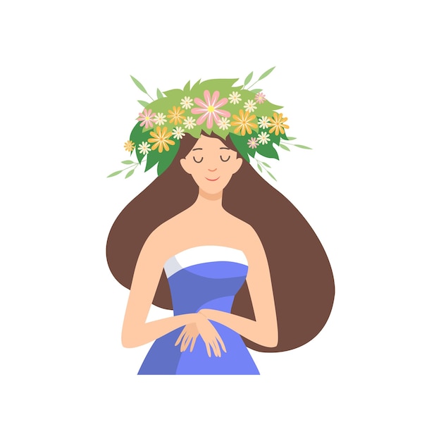 Plik wektorowy młoda piękna kobieta z wieńcem kwiatowym w włosach portret eleganckiej brunetki z wieńcem kwiatowym ilustracja wektorowa na białym tle