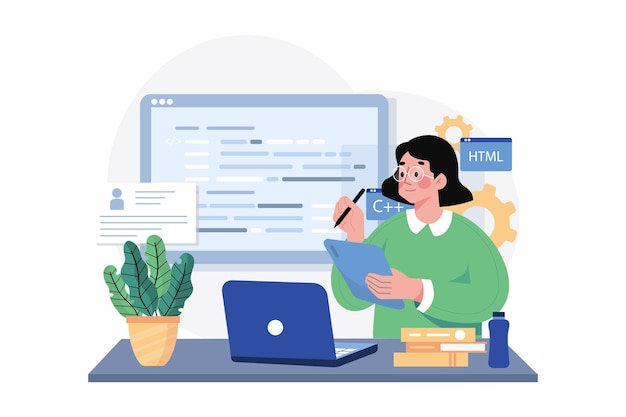 Młoda programistka komputerowa kodująca na laptopie Ilustracja koncepcji na białym tle