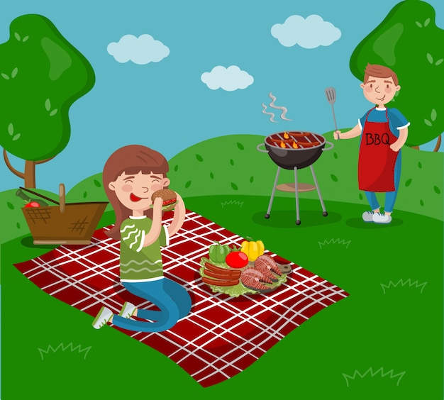 Plik wektorowy młoda szczęśliwa para gotuje bbq i je podczas gdy siedzący w ogródzie, grilla przyjęcie w wakacje letni kreskówki ilustracjach