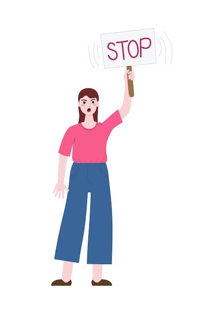 Plik wektorowy młoda zła kobieta trzymająca transparent z wiadomością zatrzymaj się i demonstrując protest
