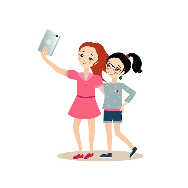 Młode Dziewczyny Co Selfie Z Tabletem. Ilustracja Wektorowa Płaski
