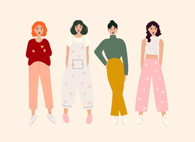 Plik wektorowy młode kobiety ubrane w jasne ubrania na jasnym tle. czterech przyjaciół lub działaczy feministycznych.