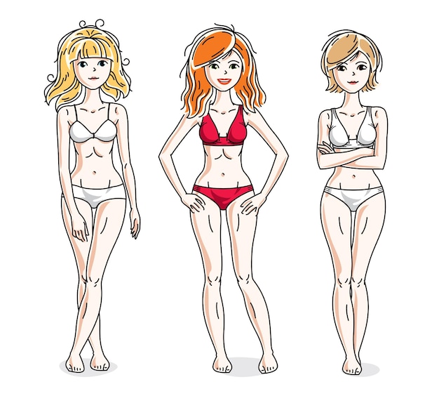 Młode Piękne Kobiety Stojące Na Sobie Kolorowe Bikini. Zestaw Ilustracji Wektorowych Różnorodności Ludzi.