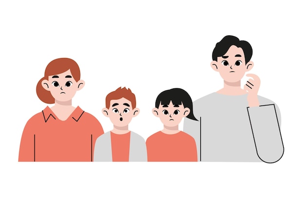 Plik wektorowy młode rodziny, zakłopotany wyraz twarzy. płaskie rysowane styl wektor ilustracje projektowe.