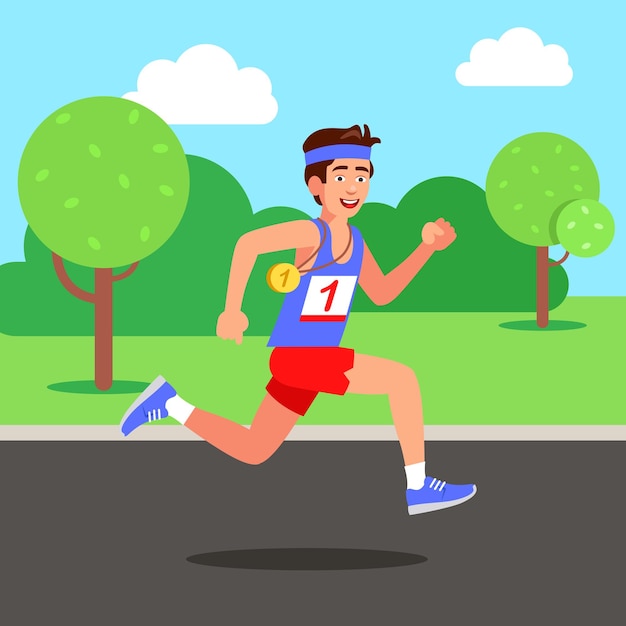 Młody biegacz maratonu w parku sukces energetyczny i sport Ilustracja wektorowa w stylu płaskim
